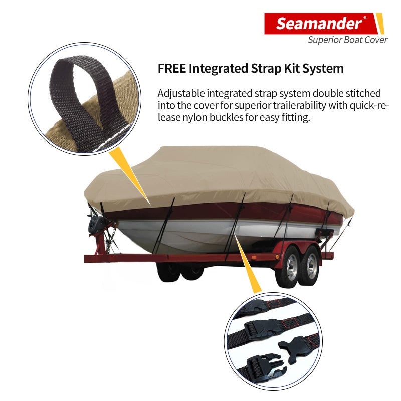 Seamander Waterproof Boat Cover, Solution-Dyed Yarn Marine Grade Cover Fits 16' to 18.5' ft Bass, V-Hull, Tri-Hull, Fish & Ski, Runabout Bowrider Boats - Heavy Duty Canvas Beige - Image 5